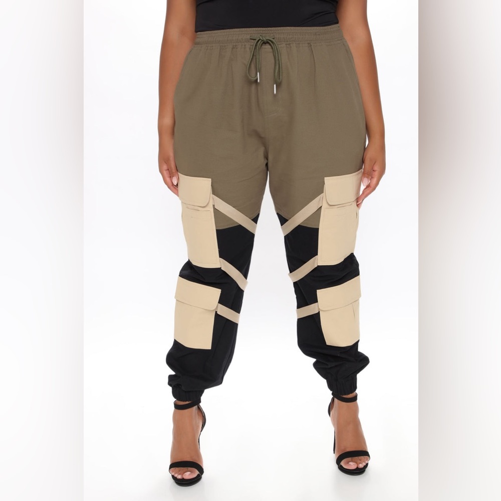 Fashion Nova Olive Green, Black & Beige Colorblock Cargo Joggers